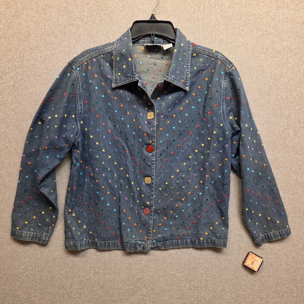 Keren Hart Womens Blue Denim Jacket Multi Color Embroidered Polka Dot Size S